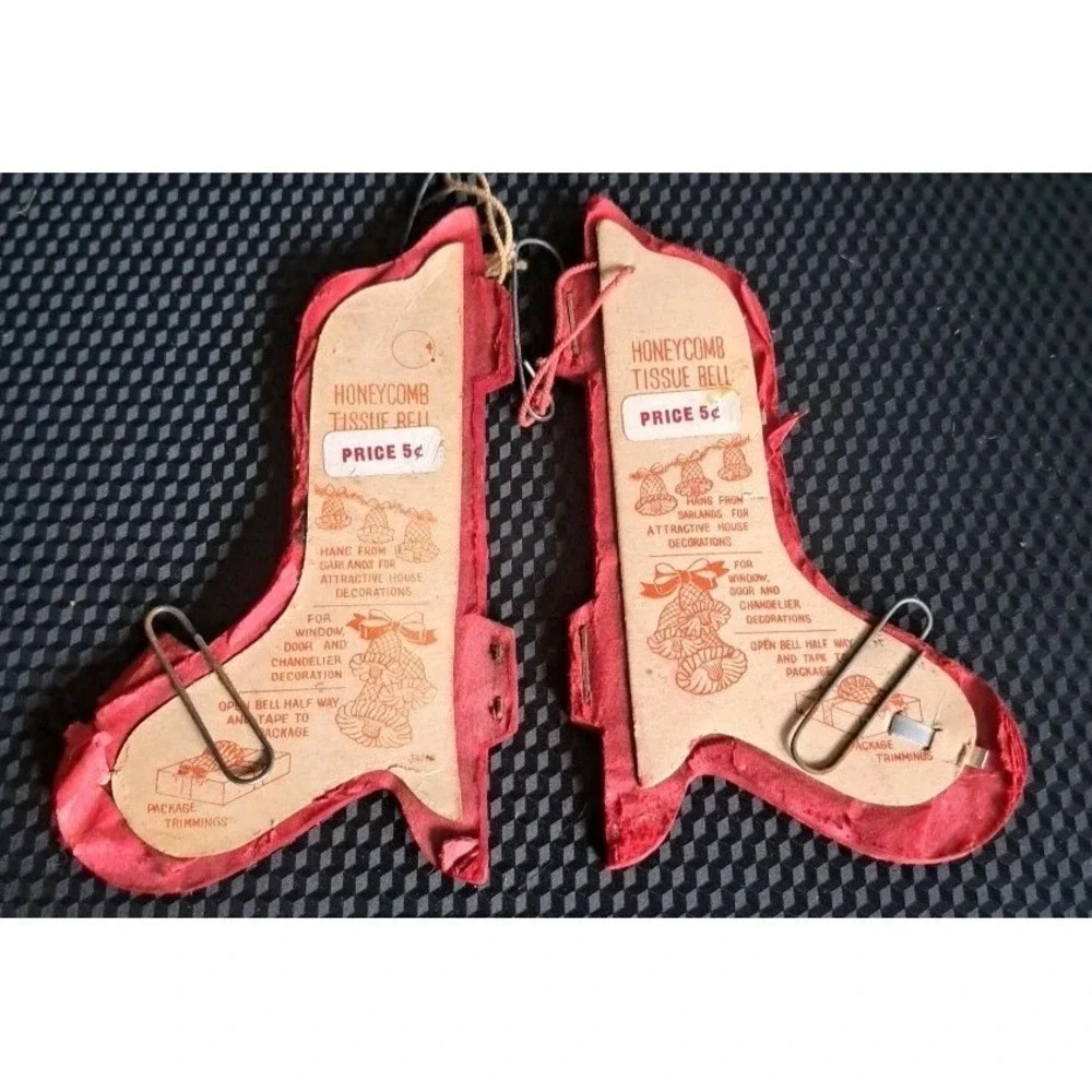 Vtg Fold Out Red Honeycomb Tissue Christmas Bells. Lot Of 2